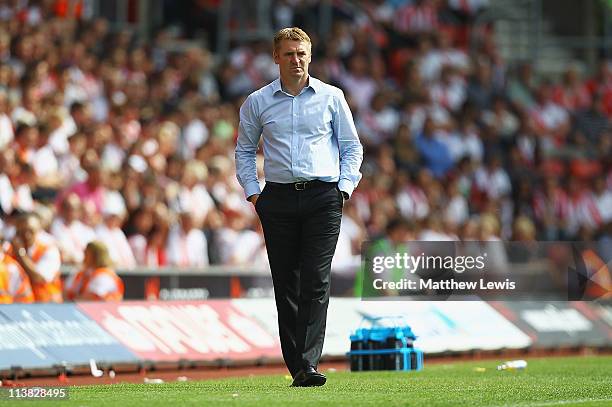Dean Smith, manager of Walsall looks on during the npower League One match between Southampton and Walsall at St Mary's Stadium on May 7, 2011 in...