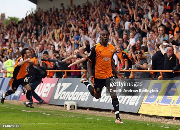 Izale McLeod of Barnet celebrates after making it 1-0 during the npower League Two match between Barnet and Port Vale at Underhill Stadium on May 7,...