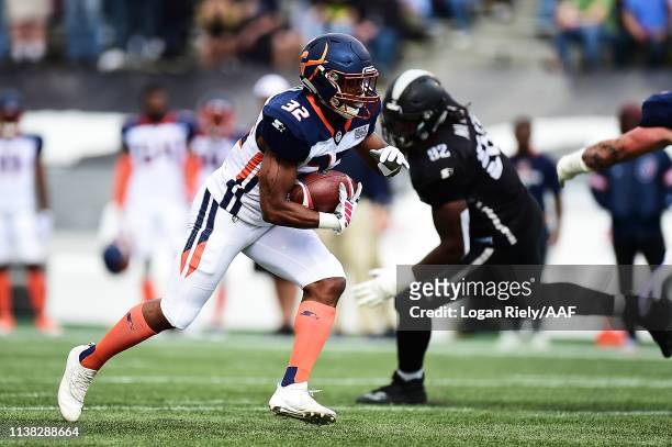 Ryan Green if the Orlando Apollos runs the ball against the Birmingham Iron during their Alliance of American Football game at Legion Field on March...