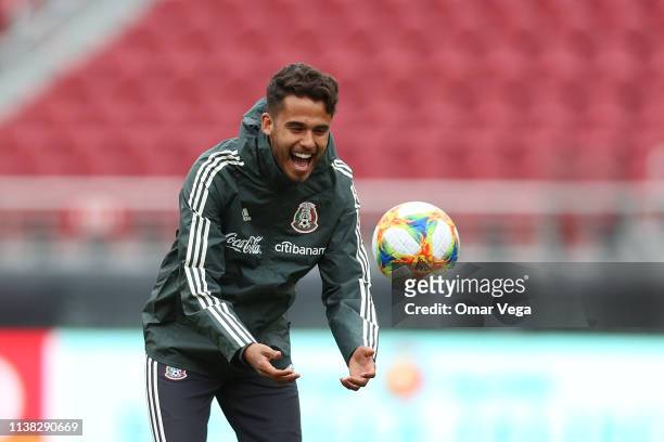 Diego Reyes of the Mexican National Team laughs during a training at Levi's Stadium on March 25, 2019 in Santa Clara, California.