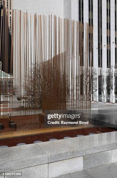 Harry Bertoia's 'Untitled Sounding Sculpture' stands outside AON Center in Chicago, Illinois on March 23, 2019. MANDATORY MENTION OF THE ARTIST UPON...