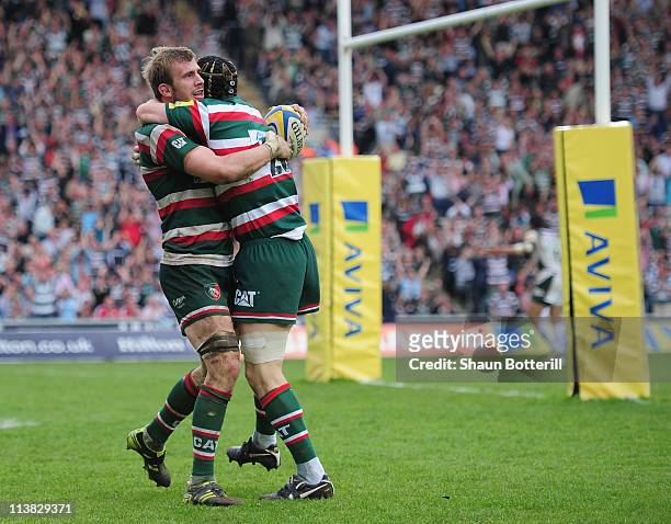 Tom Croft of Leicester Tigers celebrateswith team-mate Ben Woods after scoring during the AVIVA Premiership match between Leicester Tigers and London...