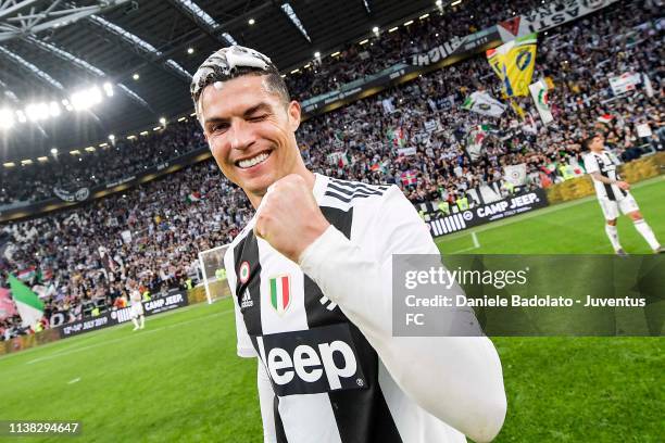 Cristiano Ronaldo of Juventus celebrates the winning of the Italian championship 2018-2019 after the Serie A match between Juventus and ACF...