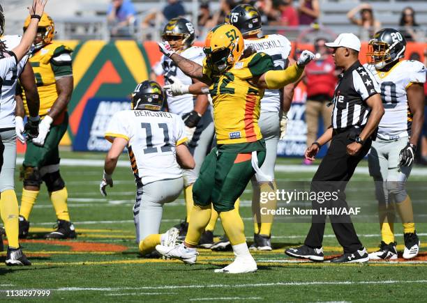 Carl Bradford of the Arizona Hotshots celebrates after sacking Michael Bercovici of the San Diego Fleet during an Alliance of American Football game...