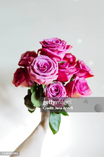 personal perspective holding bouquet, first person perspective bouquet, hand holding bouquet, hand holding roses - jena rose foto e immagini stock