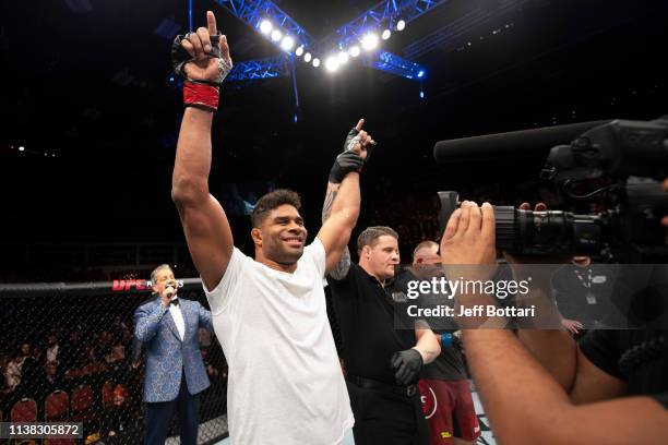 Alistair Overeem of The Netherlands celebrates his TKO victory over Aleksei Oleinik of Russia in their heavyweight bout during the UFC Fight Night...