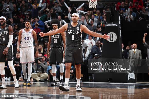 Jared Dudley of the Brooklyn Nets reacts against the Philadelphia 76ers during Game Four of Round One of the 2019 NBA Playoffs on April 20, 2019 at...