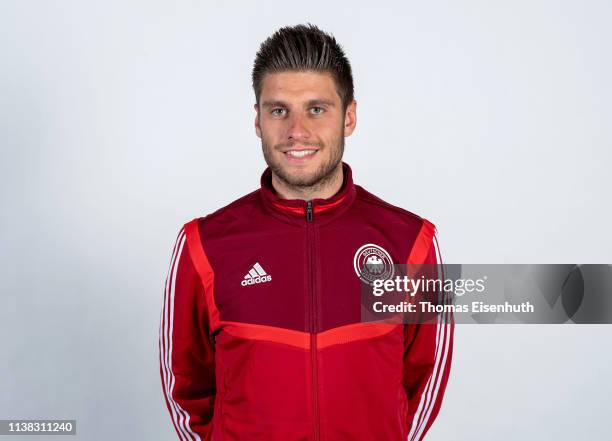 Marc Lamberger of the German Beach Soccer National Team is seen during a Team Presentation at the Ballhaus on April 20, 2019 in Aschersleben, Germany.