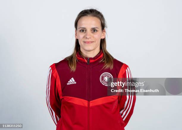 Karolin Wegjan of the German Beach Soccer National Team is seen during a Team Presentation at the Ballhaus on April 20, 2019 in Aschersleben, Germany.