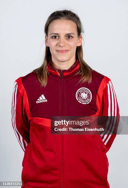 Karolin Wegjan of the German Beach Soccer National Team is seen during a Team Presentation at the Ballhaus on April 20, 2019 in Aschersleben, Germany.