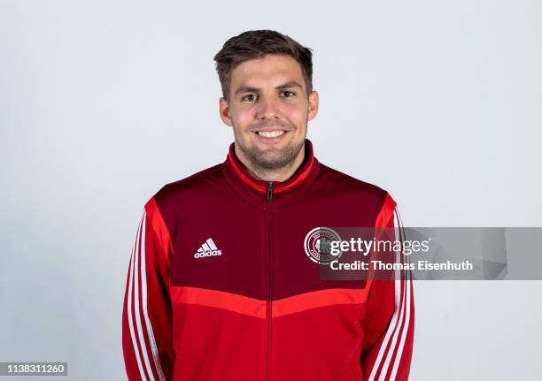 Nils Hilbk-Kortenbruck of the German Beach Soccer National Team is seen during a Team Presentation at the Ballhaus on April 20, 2019 in Aschersleben,...