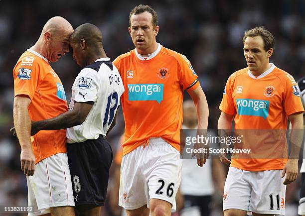 Stephen Crainey of Blackpool clashes with Jermain Defoe of Spurs during the Barclays Premier League match between Tottenham Hotspur and Blackpool at...
