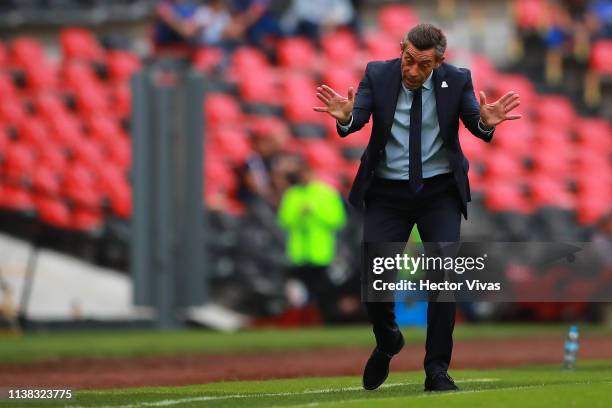 Pedro Caixinha, Head Coach of Cruz Azul gestures during the 15th round match between Cruz Azul and Pumas UNAM as part of the Torneo Clausura 2019...