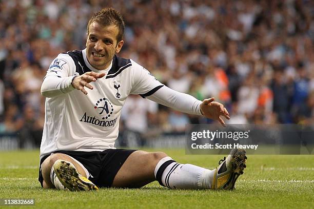 Rafael Van der Vaart of Spurs reacts during the Barclays Premier League match between Tottenham Hotspur and Blackpool at White Hart Lane on May 7,...