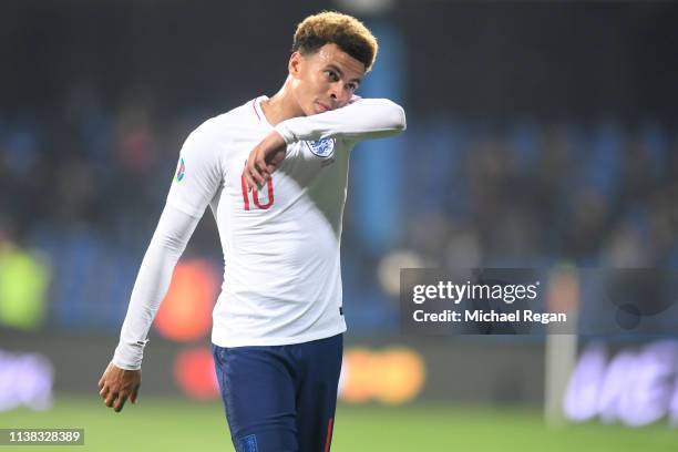 Dele Alli looks dejected during the 2020 UEFA European Championships group A qualifying match between Montenegro and England at Podgorica City...