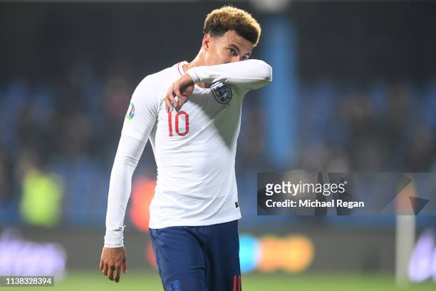 Dele Alli looks dejected during the 2020 UEFA European Championships group A qualifying match between Montenegro and England at Podgorica City...