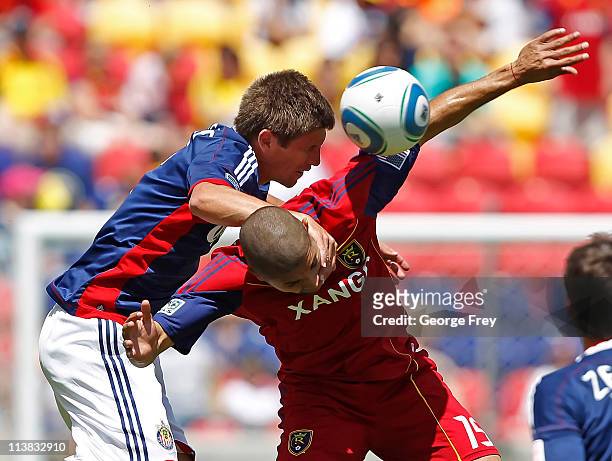 Alvaro Saborio of Real Salt Lake and Andrew Boyens of Chivas USA fight for the ball during the first half of an MLS soccer game May 7, 2011 at Rio...