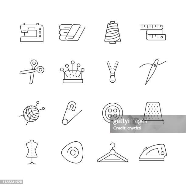 ilustraciones, imágenes clip art, dibujos animados e iconos de stock de costura relacionada-conjunto de iconos vectoriales de línea delgada - monocromo vestimenta