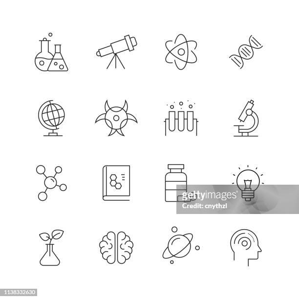 illustrazioni stock, clip art, cartoni animati e icone di tendenza di science related - set di icone vettoriali a linea sottile - atomo