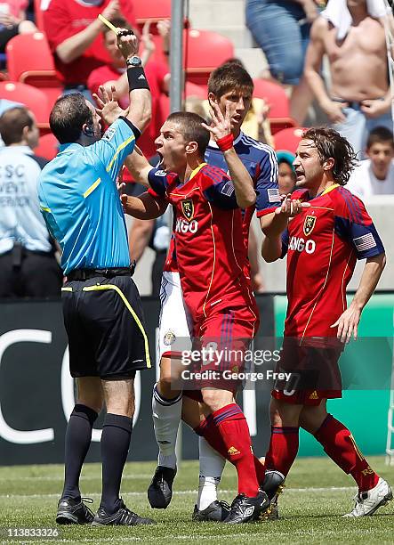 Will Johnson and Ned Grabavoy of Real Salt Lake argue with an official during a game against Chivas USA during the first half of an MLS soccer game...