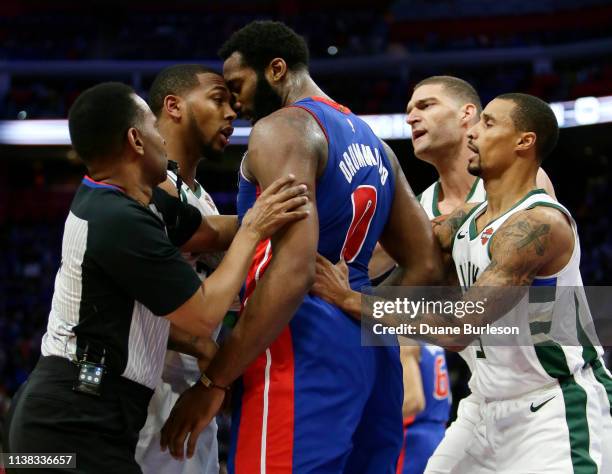 Sterling Brown of the Milwaukee Bucks and Andre Drummond of the Detroit Pistons go nose-to-nose during the first half of Game Three of the first...