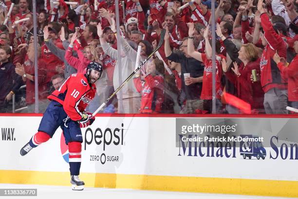Brett Connolly of the Washington Capitals celebrates after scoring a goal in the second period against the Carolina Hurricanes in Game Five of the...