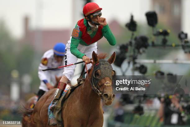 Jockey John Valazquez, riding Animal Kingdom, celebrates winning the 137th Kentucky Derby at Churchill Downs on May 7, 2011 in Louisville, Kentucky.