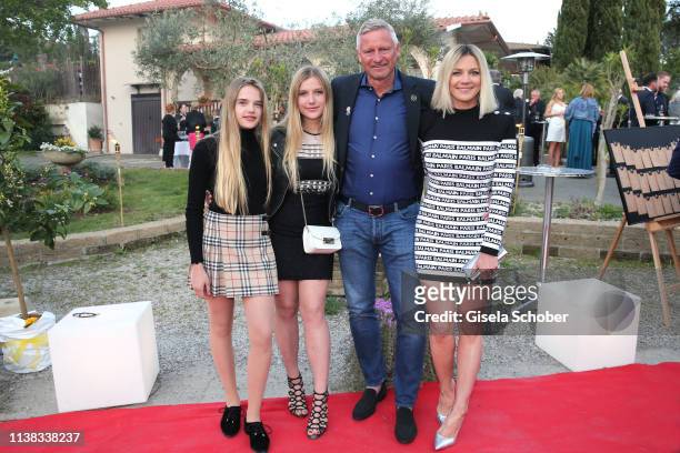 Stefan Bloecher and his daughters Noelia and Evelyn and his girlfriend Anna Posch during the FCR EAGLES Masters Toscana golf tournament Dinner of...