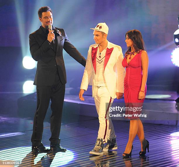 Presenter Marco Schreyl, Pietro Lombardi and Sarah Engels during the 'Deutschland Sucht Den Superstar' Finale on May 08, 2011 in Cologne, Germany.