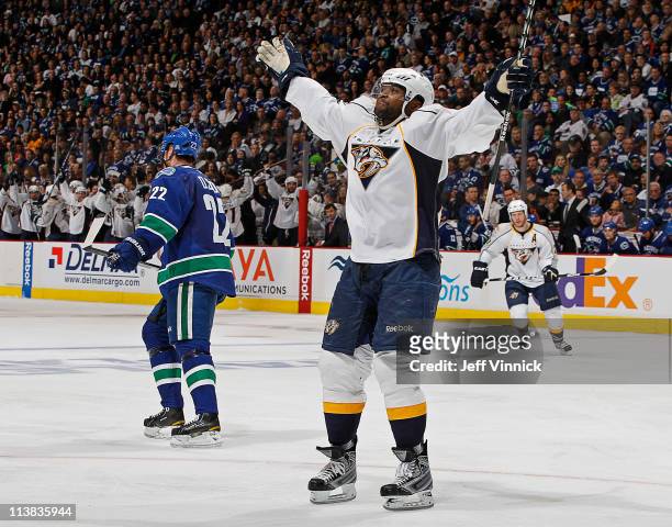 Joel Ward of the Nashville Predators celebrates the game-winning goal in the 4-3 victory over the Vancouver Canucks in Game Five of the Western...