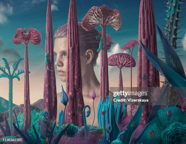 surreale alien-landschaft mit riesenfrauen - frau schön kaktus stock-fotos und bilder