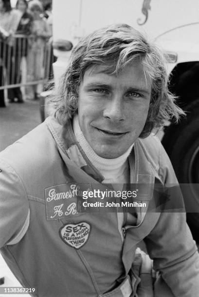 British racing driver James Hunt at the 1975 British Grand Prix , Silverstone Circuit, UK, 19th July 1975.
