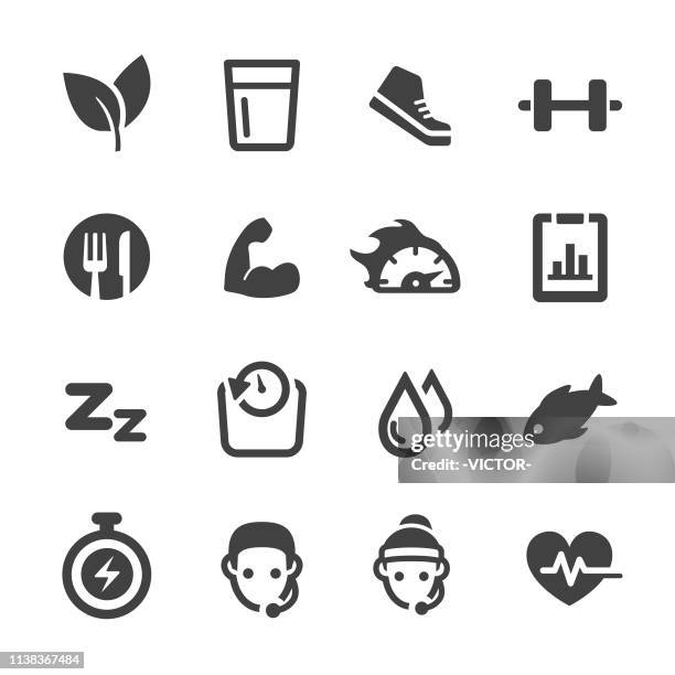 bildbanksillustrationer, clip art samt tecknat material och ikoner med viktminskning och fitness ikoner set-acme-serien - hälsosamt ätande