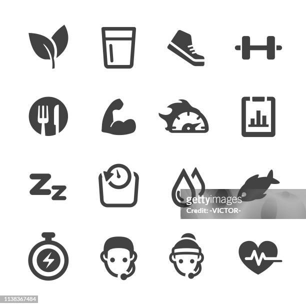 weight loss and fitness icons set - acme series - muscular build stock illustrations