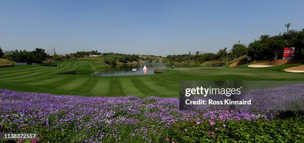 General view of the 18th hole during a practice round prior to the Hero Indian Open at the DLF Golf & Country Club on March 26, 2019 in New Delhi,...