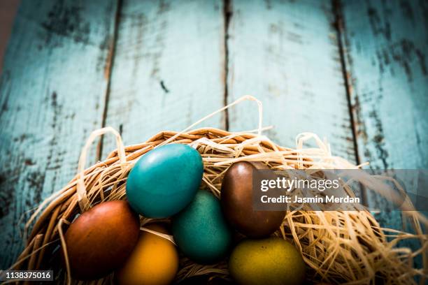 easter eggs in basket - easter religious stock pictures, royalty-free photos & images