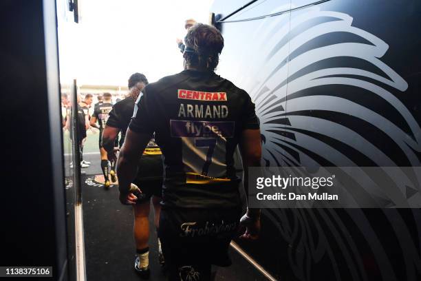 Don Armand of Exeter Chiefs makes his way out of the tunnel during the Gallagher Premiership Rugby match between Exeter Chiefs and Bath Rugby at...