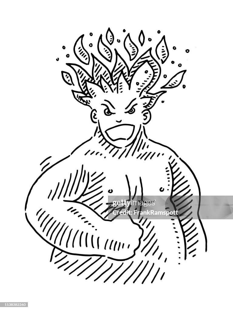 Furious Man Burning Head Drawing