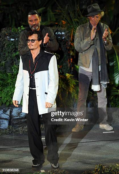 Actors Johnny Depp, Ian McShane, and Keith Richards arrive at premiere of Walt Disney Pictures' "Pirates of the Caribbean: On Stranger Tides" held at...