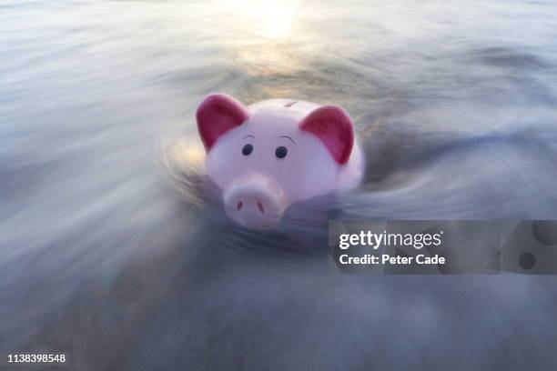 piggy bank sinking in water - bear market 個照片及圖片檔