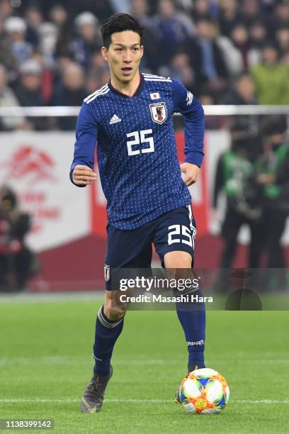 Yuki Kobayashi of Japan in action during the international friendly match between Japan and Bolivia at Noevir Stadium Kobe on March 26, 2019 in Kobe,...