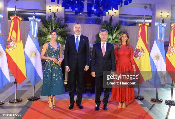 In this handout image released by Prensa Presidencia Argentina King Felipe VI of Spain, Queen Letizia of Spain, Mauricio Macri president of Argentina...