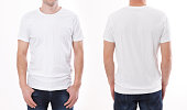 t-shirt design and people concept - close up of young man in blank white t-shirt, shirt front and rear isolated.