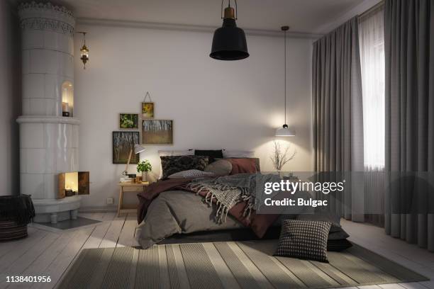 el cozy scandinavian bedroom - merceria fotografías e imágenes de stock