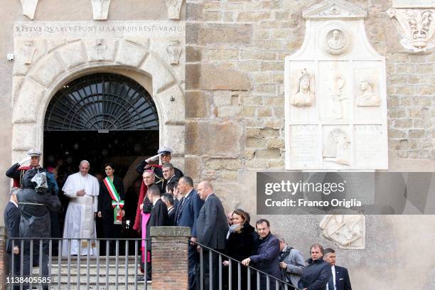 Pope Francis is received by the Rome's mayor Virginia Raggi as he arrives at the Campidoglio Hill for a visit on March 26, 2019 in Rome, Italy.