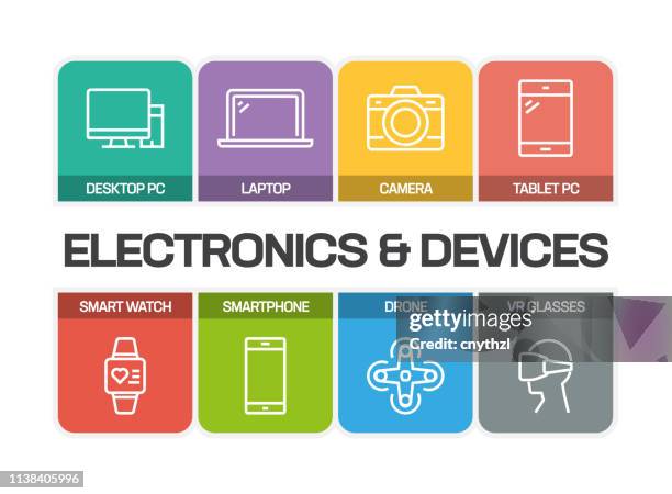 electronics and devices line icons - electronics store phone stock illustrations