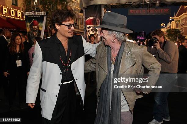 Johnny Depp and Keith Richards at the World Premiere of Disney's "Pirates of the Caribbean: On Stranger Tides" at Disneyland on May 7, 2011 in...