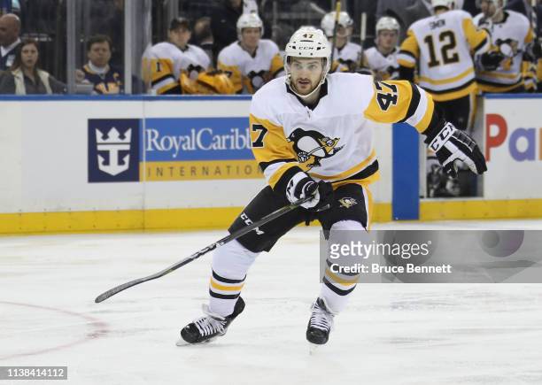 Adam Johnson of the Pittsburgh Penguins skates against the New York Rangers at Madison Square Garden on March 25, 2019 in New York City. The Penguins...