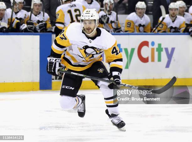 Adam Johnson of the Pittsburgh Penguins skates against the New York Rangers at Madison Square Garden on March 25, 2019 in New York City. The Penguins...