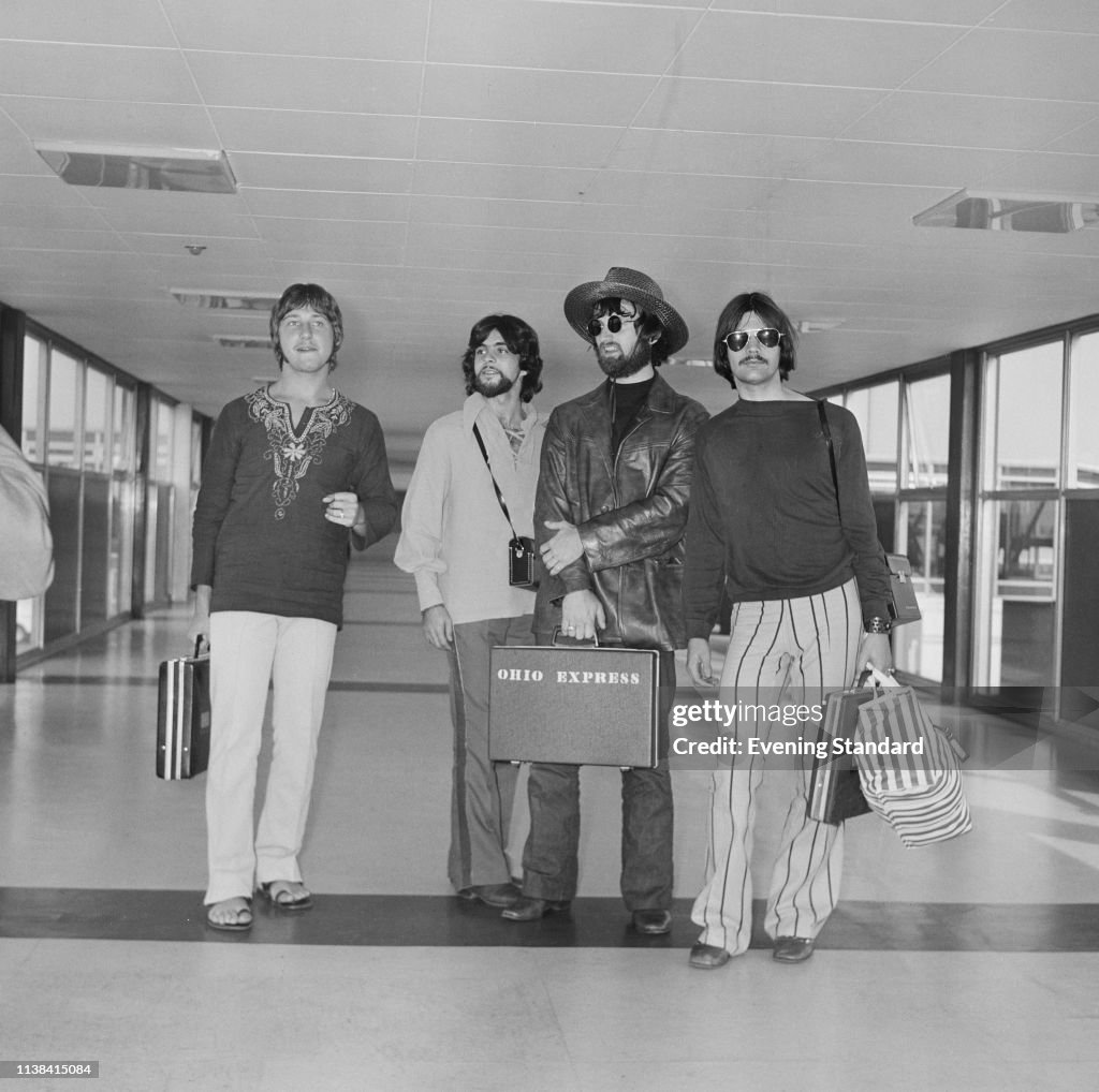 Members of American bubblegum pop Ohio Express at Heathrow Airport